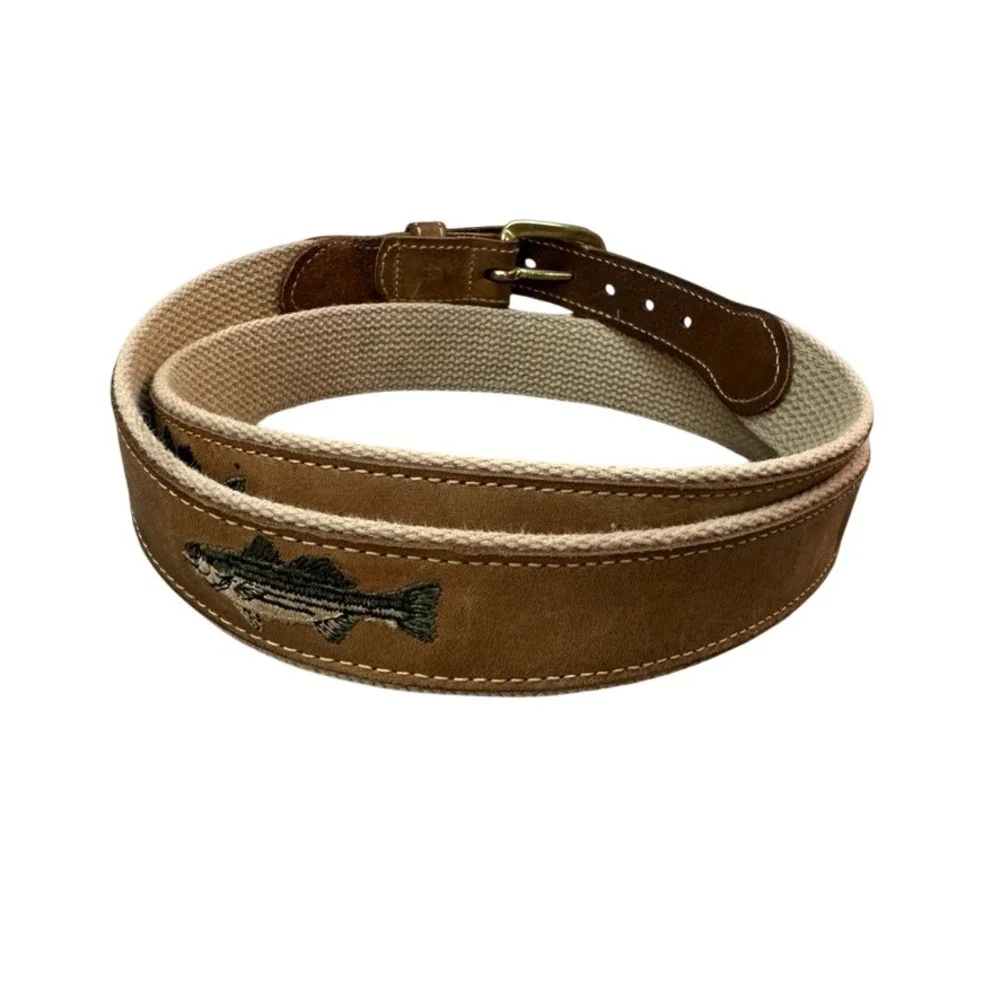 Embroidered Quality Brown Leather Canvas Belt Brass Buckle Size 44